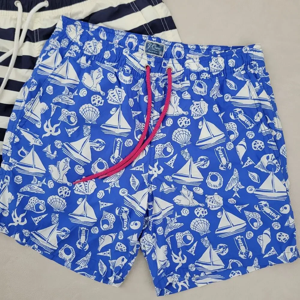 Lot (2) J Crew Swim Trunks Shorts Mens M Navy Blue Striped Mesh Lined Swimsuit